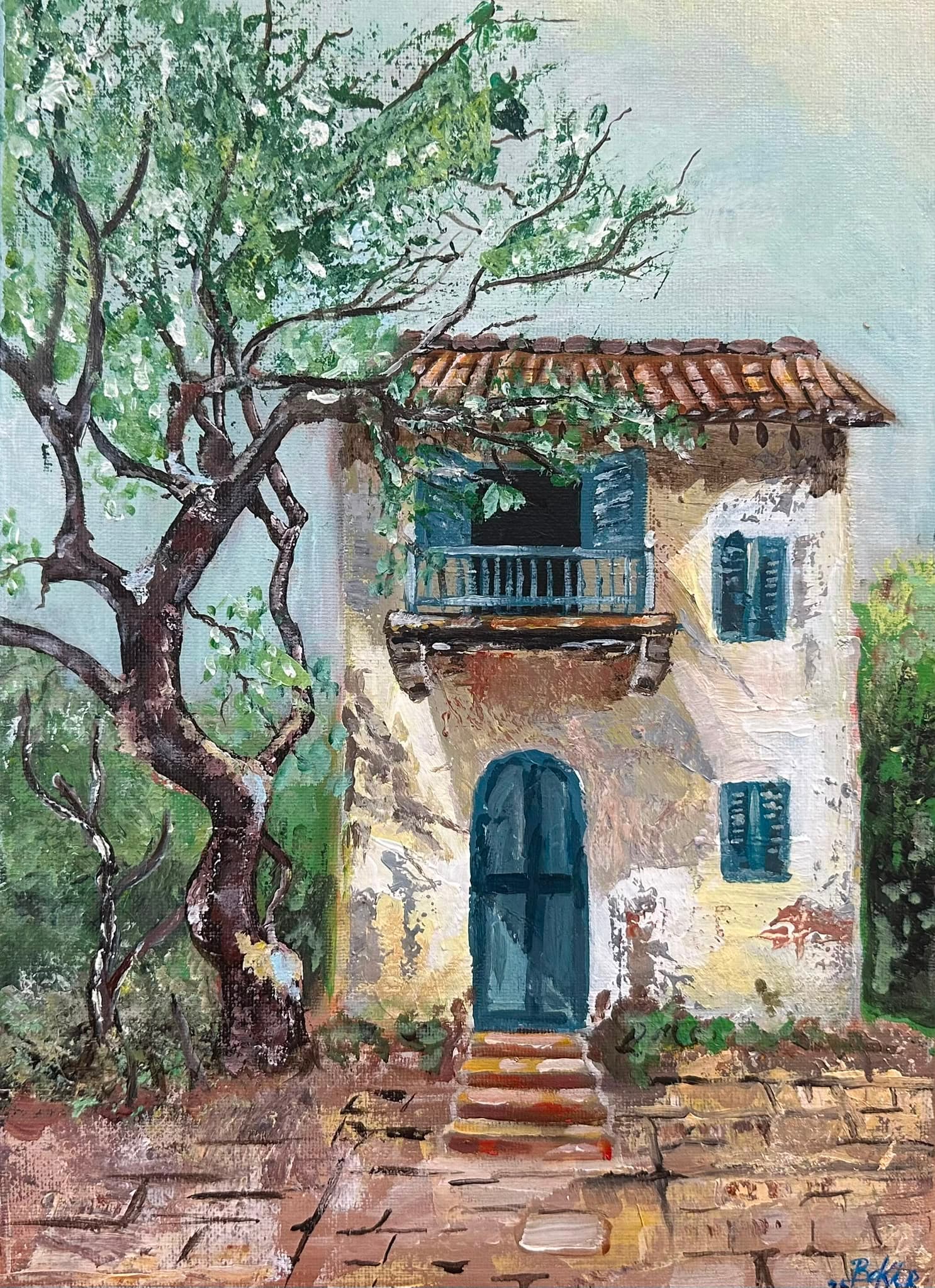 Painting of a two-storey house with pale render and a terracotta tiled roof. A wooden balcony with blue shutters sits above an arched blue door reached by worn stone steps. An old olive tree with a twisting trunk fills the left of the picture.