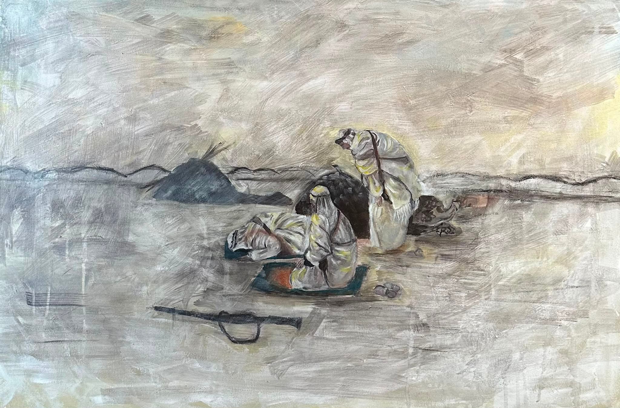 Painting in muted greys and bone-white of two robed figures halted in flat open country. One kneels forward on a mat, the other sits upright beside a dark low shelter. A rifle lies on the ground in the foreground and low hills run along the horizon.