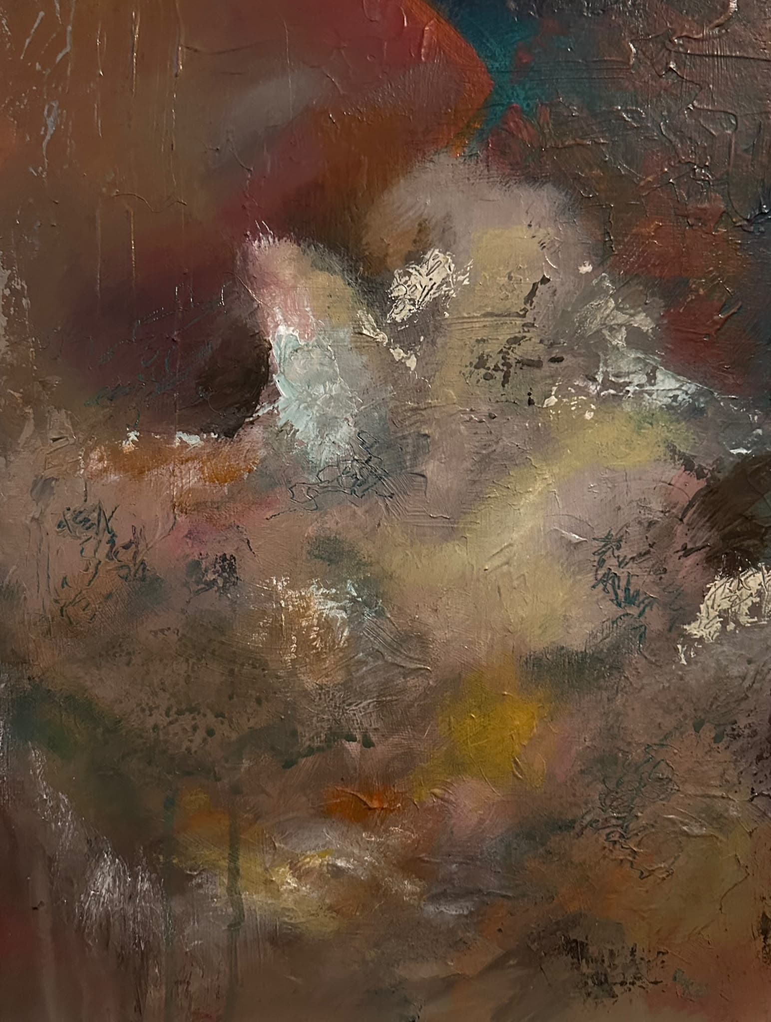 Abstract painting in layered earth tones — rust, plum and warm grey — with pale, scraped patches of cream and blue-white and fine dark lines drawn across the surface.