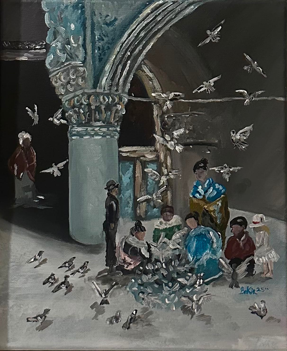 Painting in muted grey and blue-black tones of a flock of pigeons flying up around an ornately carved stone column and archway, above a group of people in old-fashioned dress — bonnets, shawls, a boy in a red jacket, a girl in a white dress — crouched feeding the birds on the ground.