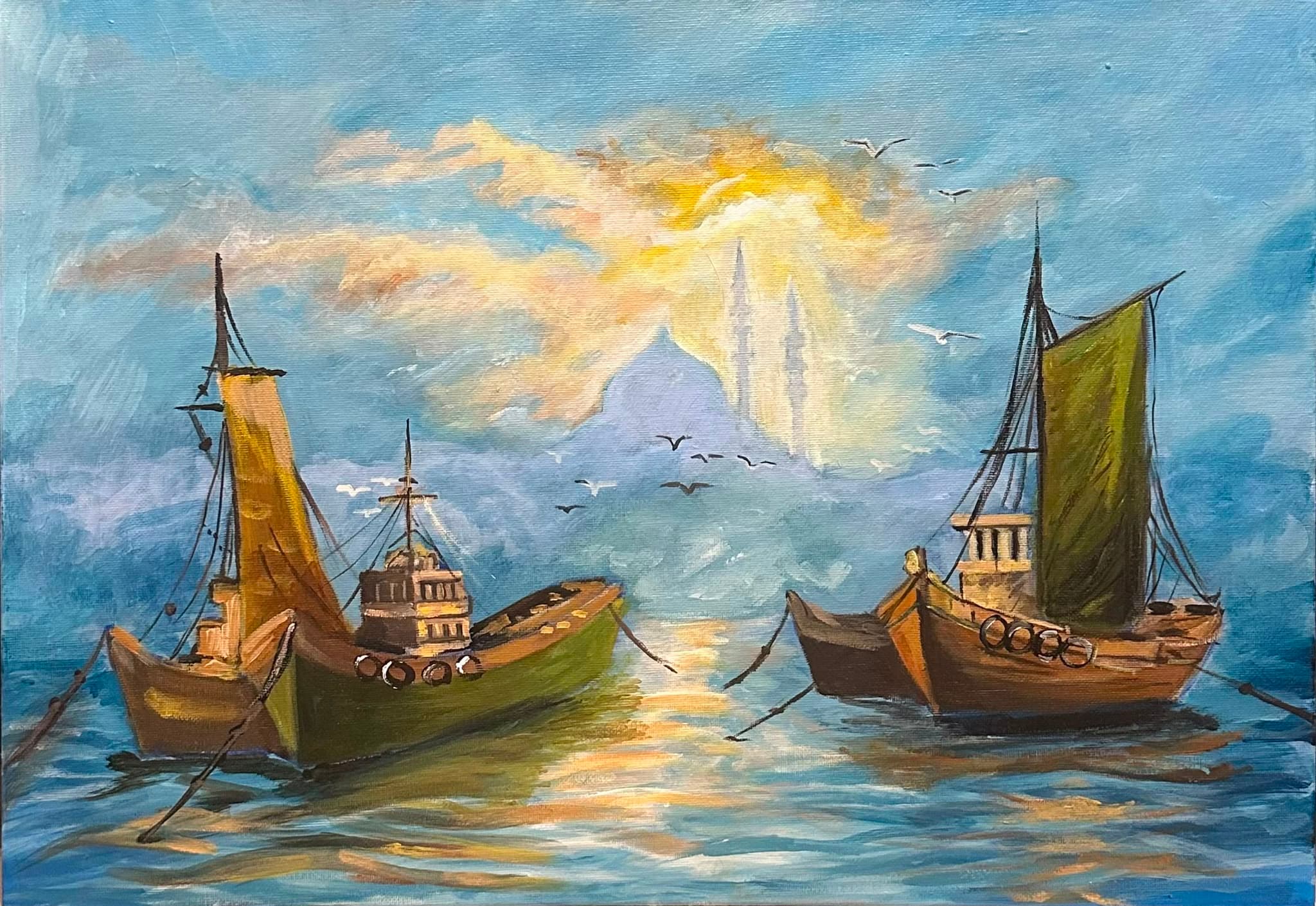 Painting of two wooden sailing boats at anchor side by side on calm water, sails lowered, with a mosque's dome and two minarets silhouetted against a golden sunrise and gulls overhead.