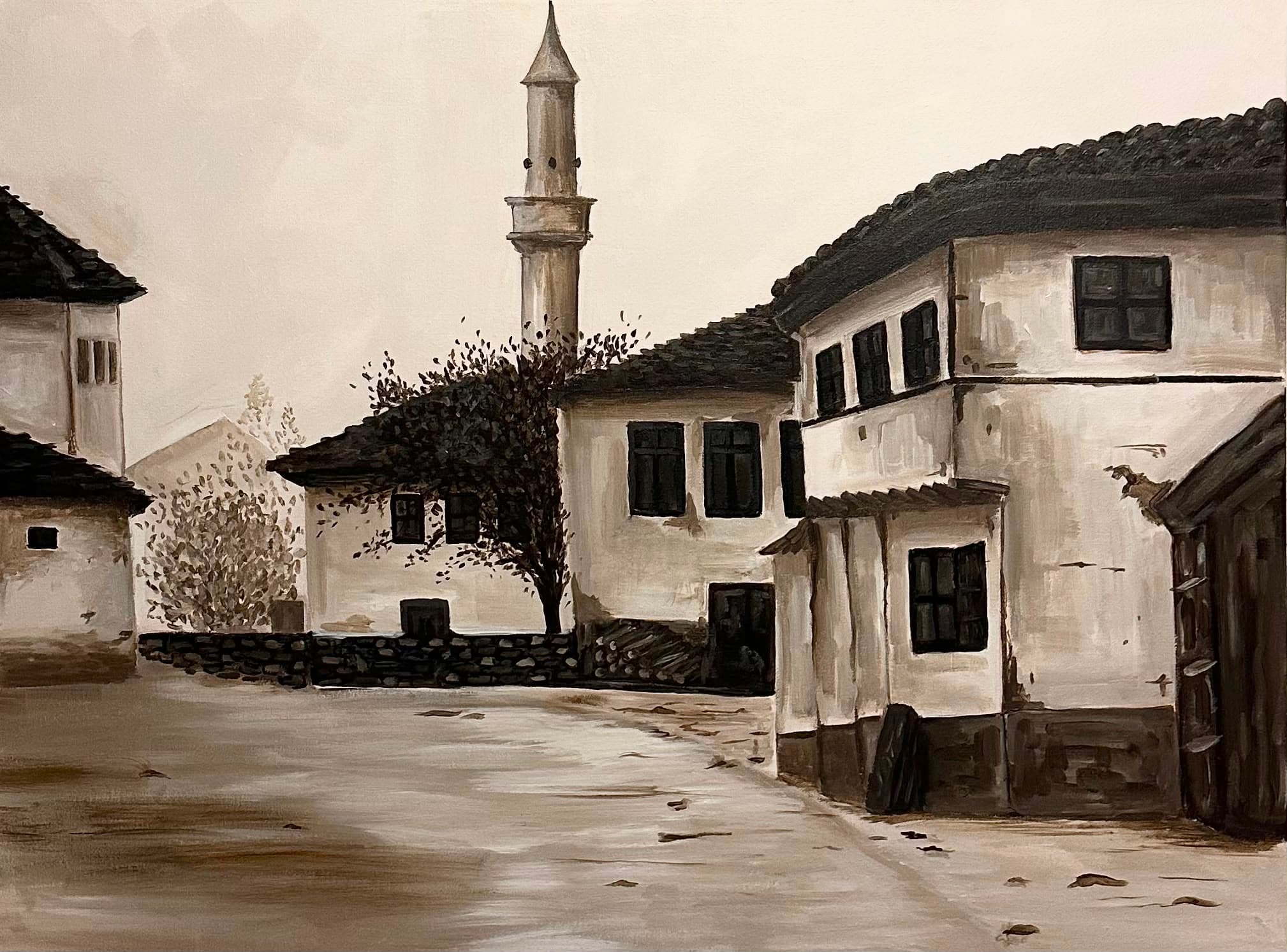 Sepia-toned painting of a quiet street corner between whitewashed, timber-shuttered houses with tiled roofs, a slender minaret rising behind them and a bare tree beside a low stone wall.